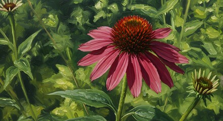 Vibrant Echinacea in Lush Garden: An Impressionist Oil Painting