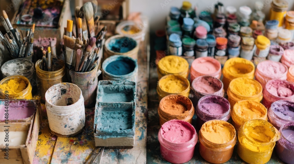 Leinwandbilder Artist's Workspace With Jars of Colorful Pigment and Brushes, Showcasing Creativity and Artistic Expression for Creative Projects and Visual Arts Education : Generative AI