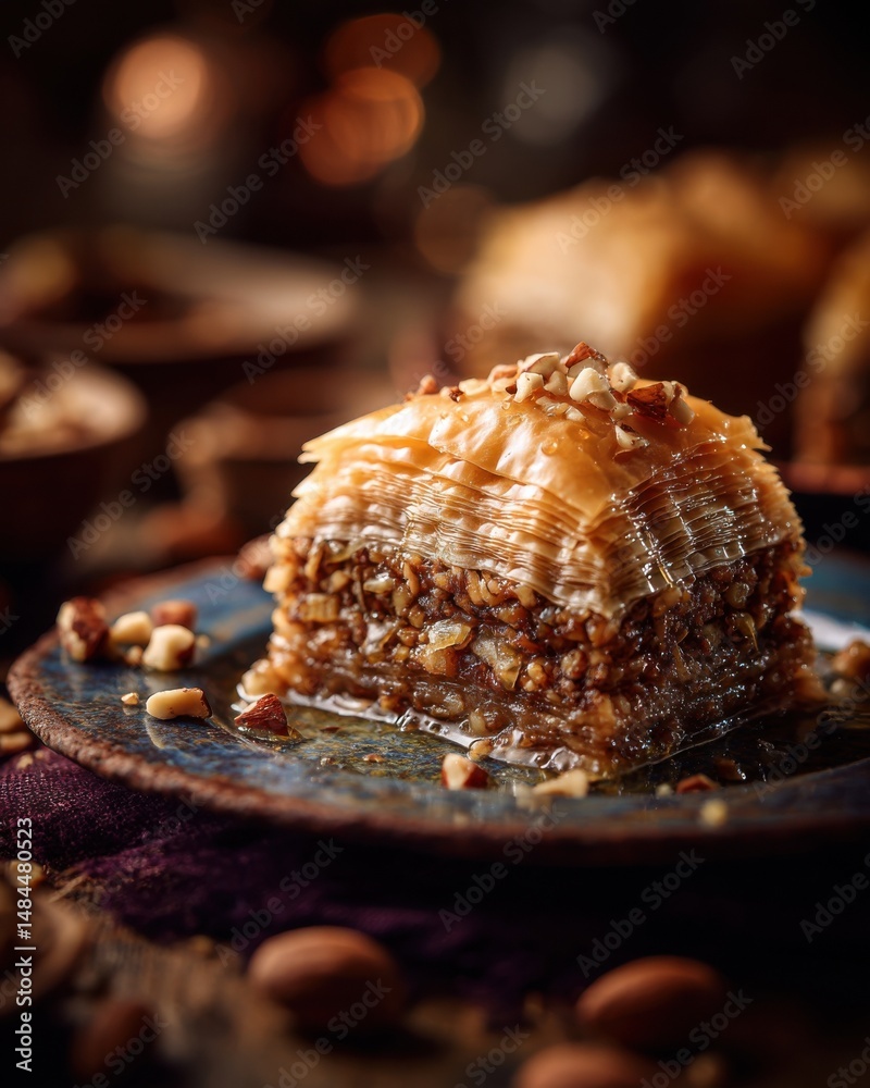Poster close-up of baklava dessert on plate with nuts and syrup, representing indulgence and middle eastern