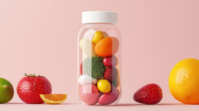 Colorful Collection of Fruits in a Jar with Fresh Produce on a Pink Background for Nutrition and Health Concepts