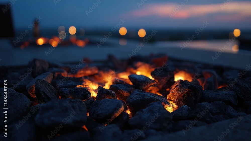 Poster glowing fire pit rocks at dusk with bokeh lights in background, symbolizing warmth and relaxation fo