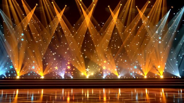 high end elegance stage show with spotlight in dark backdrop background, gold light with dry ice smoke 