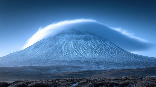 Majestic mountain peak shrouded in a soft, ethereal cloud.  A winter wonderland scene of a snow-capped volcano, with dramatic lighting and a vast landscape - Powered by Adobe