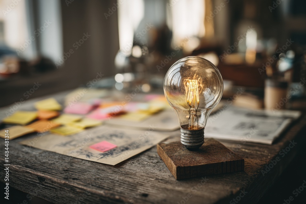 Poster glowing lightbulb on wooden block with sticky notes in background, symbolizing creative thinking and