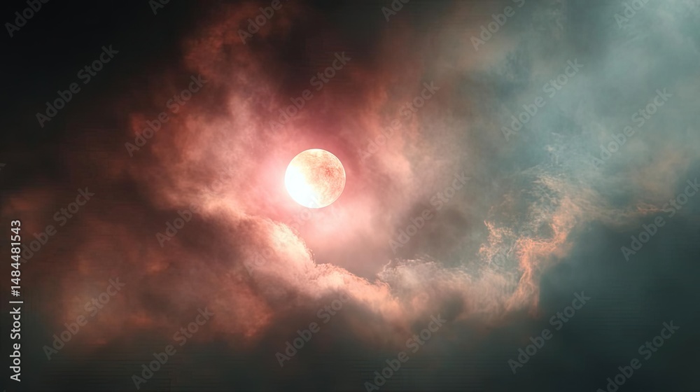 Poster red moon behind black clouds in dark abstract sky concept. a stunning view of a mysterious glowing m