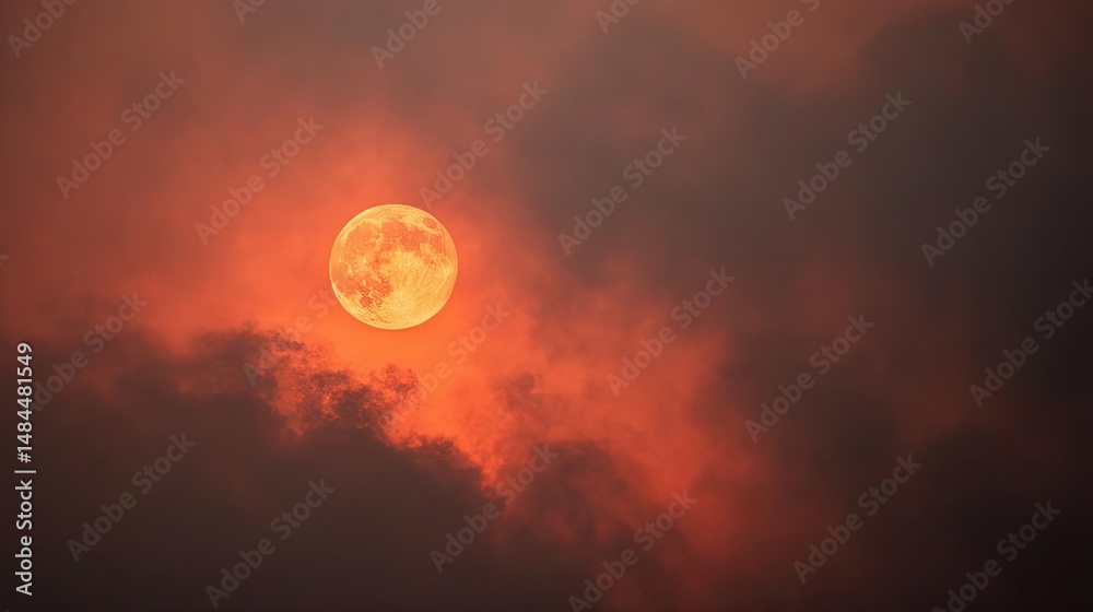 Poster red moon behind black clouds in dark abstract sky concept. a stunning sunset with a glowing moon sur