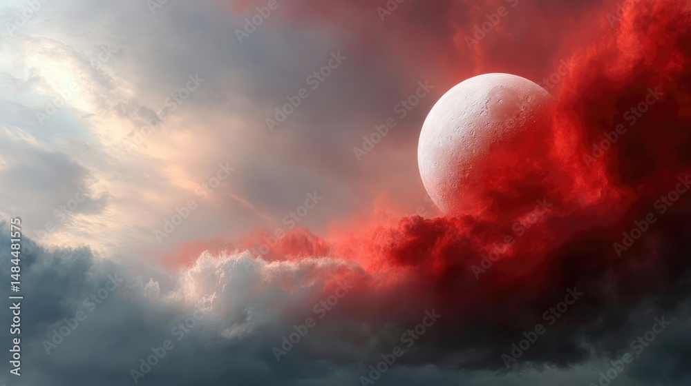 Aufkleber Red moon behind black clouds in dark abstract sky concept. A surreal view of a crimson sky with a glowing moon.