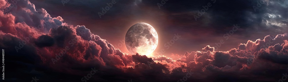 Aufkleber red moon behind black clouds in dark abstract sky concept. a stunning moonrise over dramatic clouds 