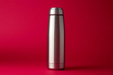 Silver thermos on a red background