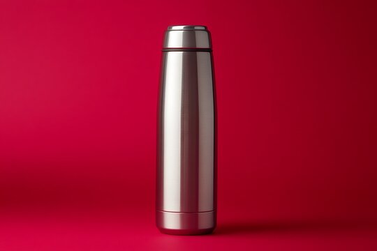 Silver thermos on a red background