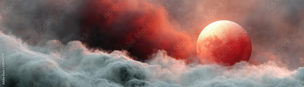 Poster red moon behind black clouds at night with abstract fire concept. a stunning view of a sunset illumi