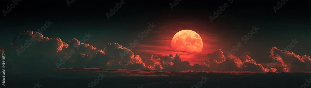 Poster red moon behind black clouds in dark abstract sky concept. stunning red moon rising above dramatic c