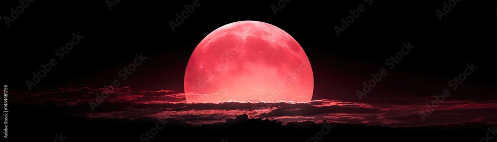 Poster red moon behind black clouds in dark abstract sky concept. a stunning red moon rising above dark clo