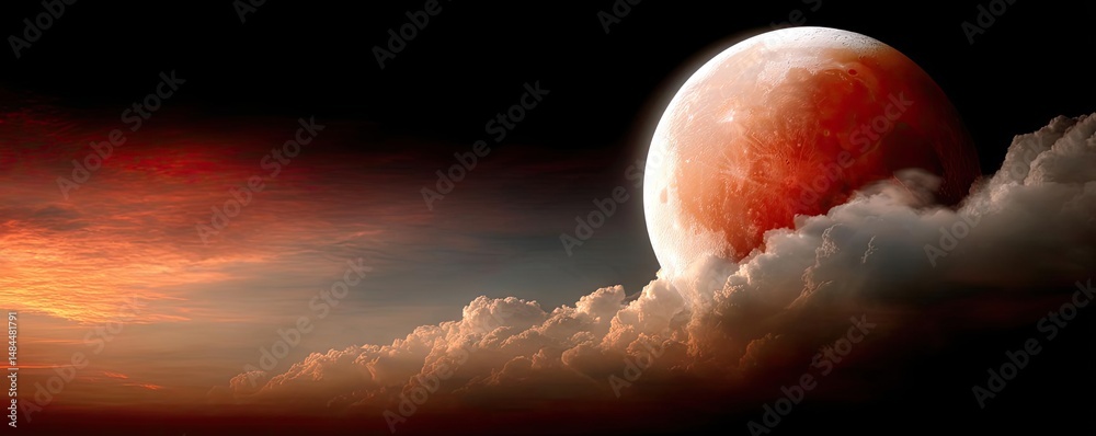 Poster Red moon behind black clouds with abstract fire and smoke concept. A captivating view of a red moon amidst dark clouds at dusk.