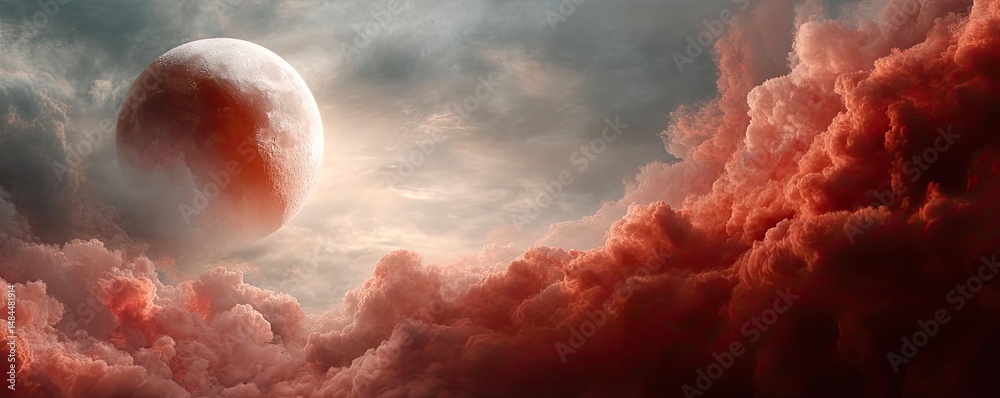 Aufkleber Red moon behind black clouds with abstract fire and smoke concept. Mysterious clouds and a striking moon create a dramatic atmosphere.