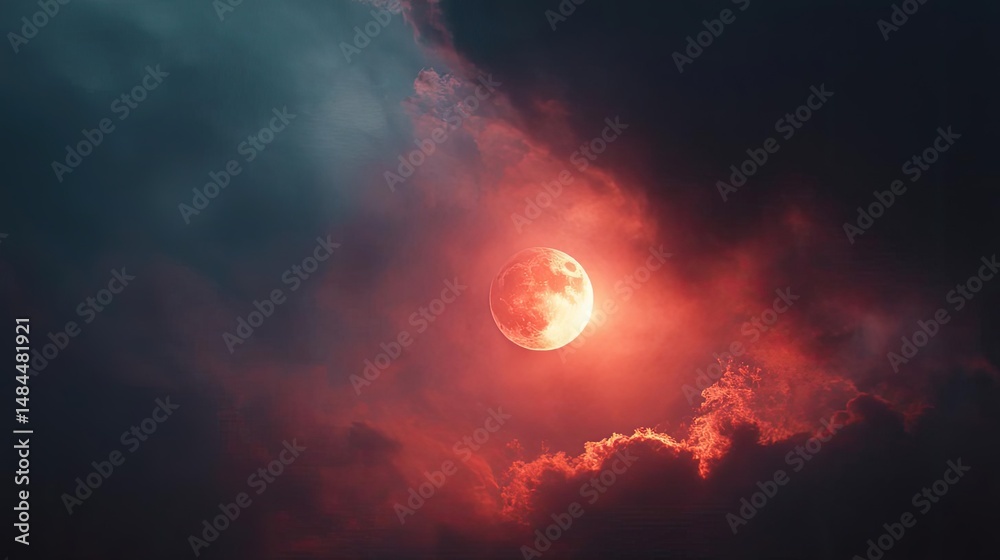 Aufkleber red moon behind black clouds in dark abstract sky concept. a captivating dramatic sky featuring a br