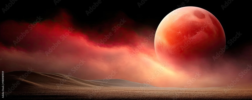 Poster red moon behind black clouds with abstract fire and smoke concept. a striking view of a blood moon o