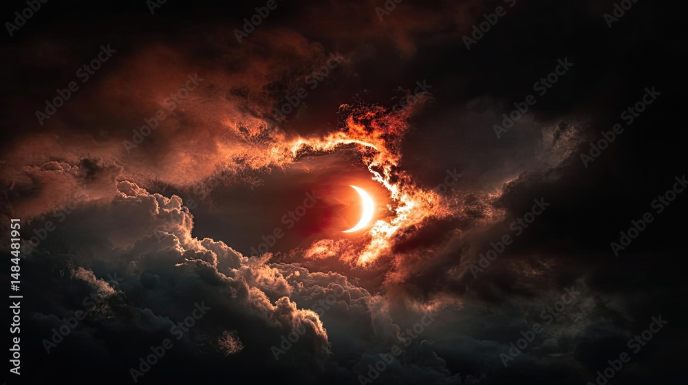 Poster Red moon behind black clouds in dark abstract sky concept. A dramatic view of an eclipse shining through dark clouds.