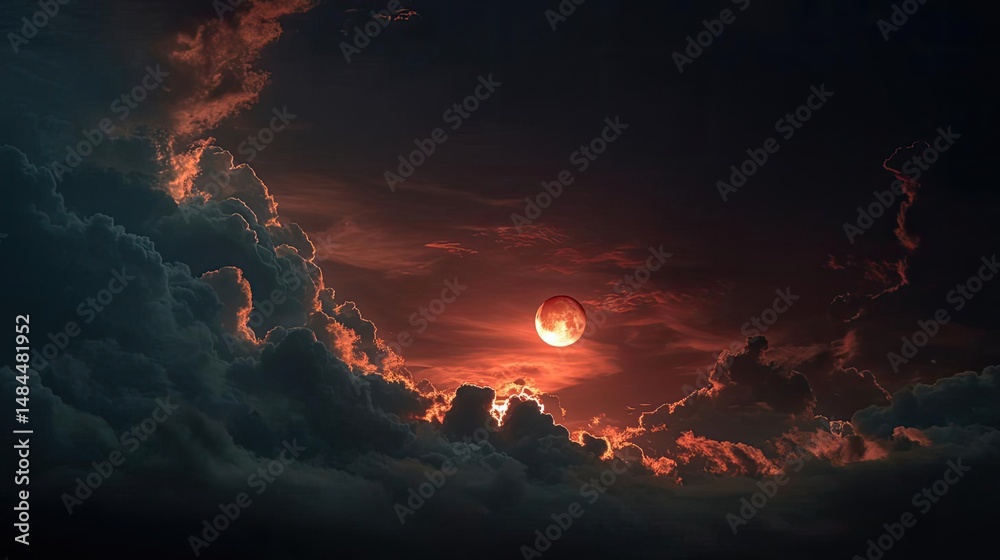 Poster red moon behind black clouds in dark abstract sky concept. a dramatic sunset illuminating dark cloud