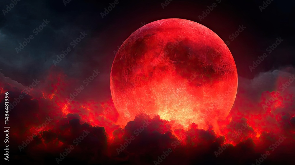 Aufkleber red moon behind black clouds at night with abstract fire concept. a stunning red moon illuminating c