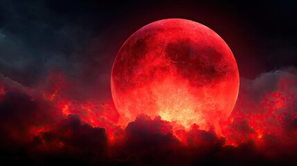 Red moon behind black clouds at night with abstract fire concept. A stunning red moon illuminating cloudy night sky.