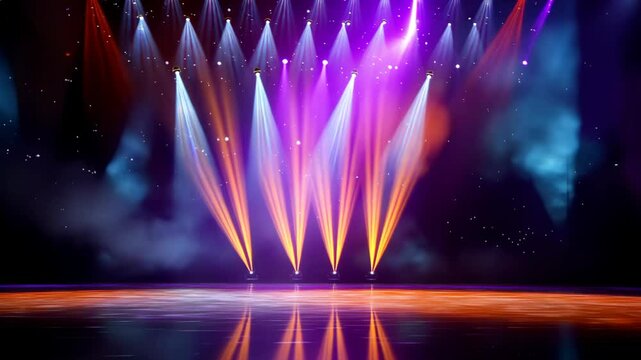 high end elegance stage show with spotlight in dark backdrop background, pink purple light with dry ice smoke 