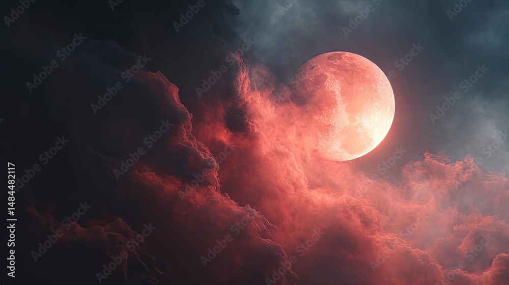 Aufkleber Red moon behind black clouds at night with abstract fire concept. A captivating view of a red moon illuminating dark clouds.