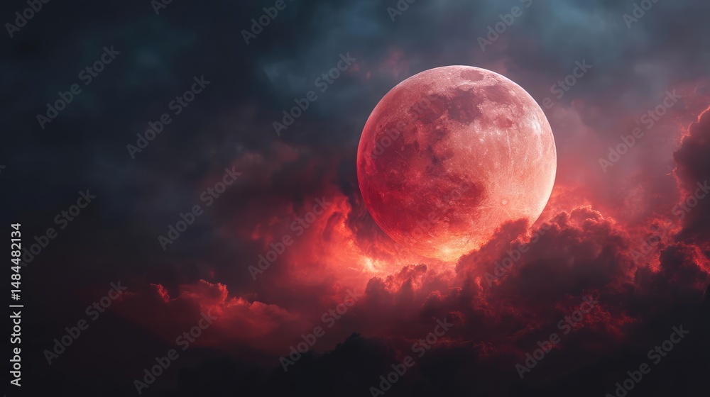 Poster red moon behind black clouds at night with abstract fire concept. a stunning red moon illuminating t