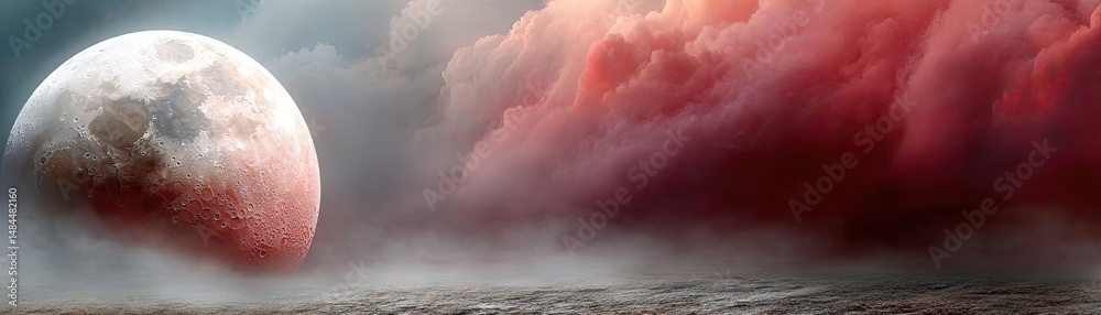 Poster red moon behind black clouds in dark abstract sky concept. mystical landscape featuring a large moon