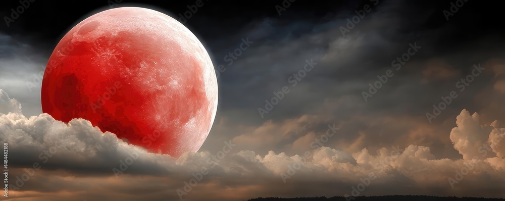 Poster red moon behind black clouds in dark abstract sky concept. stunning capture of a blood moon illumina