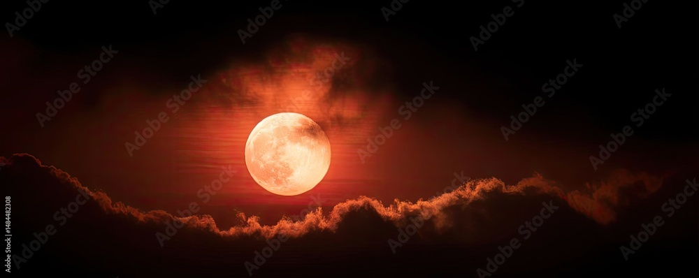 Aufkleber red moon behind black clouds at night with abstract fire concept. a stunning view of a red moon surr