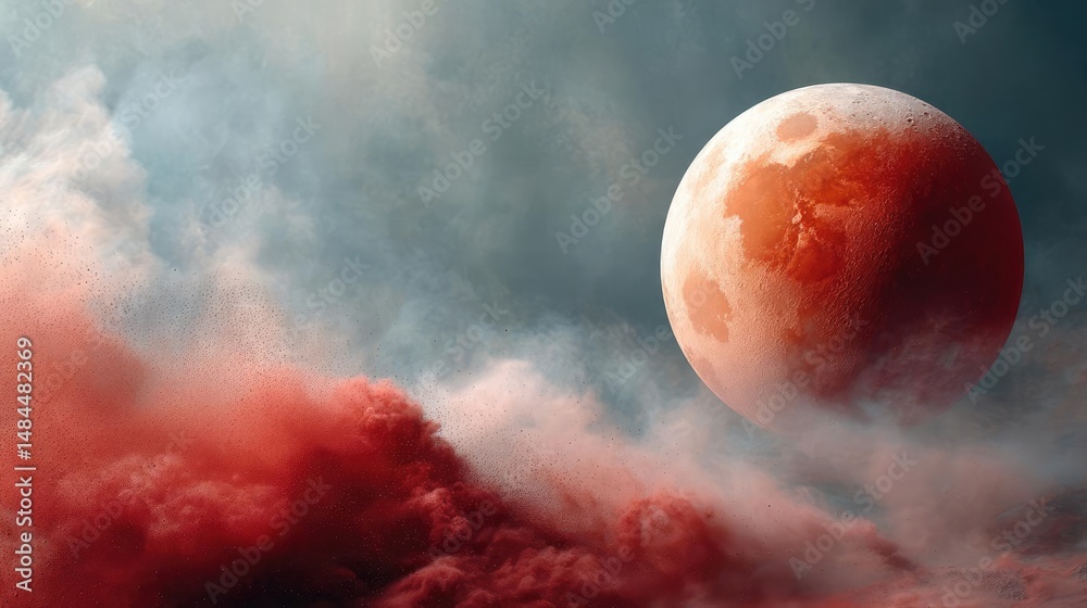 Aufkleber Red moon behind black clouds in dark abstract sky concept. Eerie lunar eclipse with red clouds and a mystic moon.