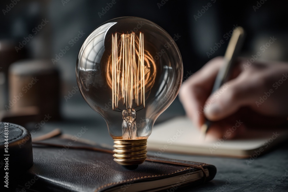 Aufkleber Vintage Lightbulb on Leather Journal With Hand Writing Notes, Symbolizing Inspiration and Creative Writing Process for Business Brainstorming and Personal Development : Generative AI