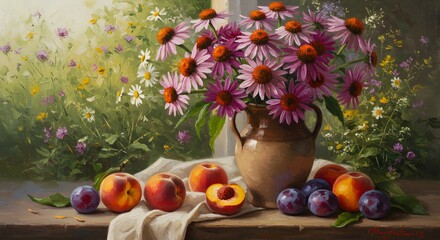 Summer Still Life: Echinacea Blooms and Peaches in Rustic Vase