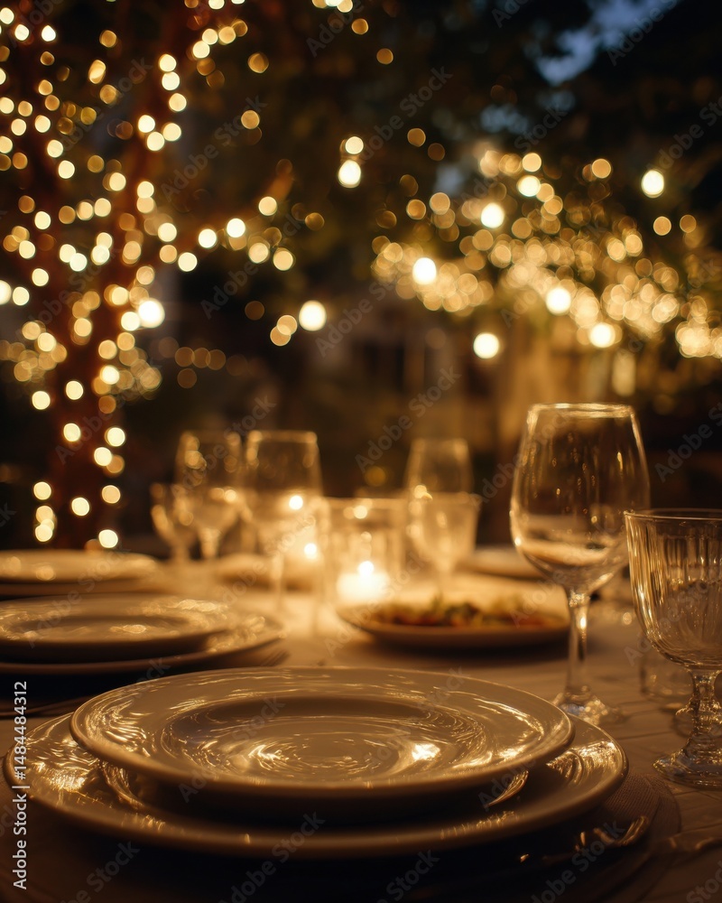 Poster elegant dinner table setting under string lights at night, representing celebration and special occa