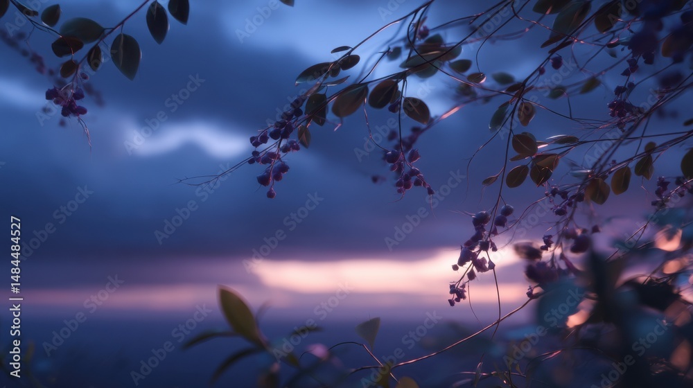 Poster branches with leaves and berries against a dreamy twilight sky, capturing tranquility and nature's s