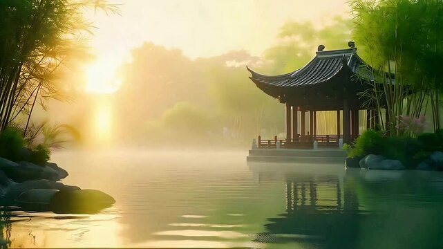 Beautiful chinese garden scenery with pagoda and lake for relaxation and meditation music video. Gazebo near a calm lake at sunrise. Peaceful water reflections in the morning