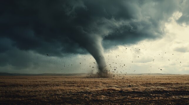 Powerful tornado over an open landscape.