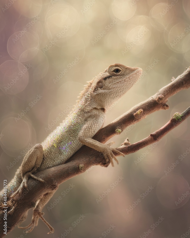 Poster lizard perched on a branch with bokeh background, representing wildlife photography and nature conse