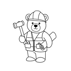 Fototapeta premium Cartoon bear wearing construction helmet holding mallet and blueprint 