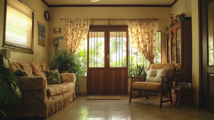 Indoor shot of a modest but inviting Filipino living room in a class C housing development, decorated with a mother's personal touch and showing the front door to the right.