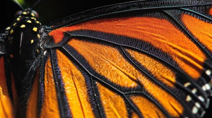Macro shot of monarch butterfly wing patterns closeup view of vibrant orange and black details fine scales visible in sharp resolution overlay cut out on isolated transparent removed background