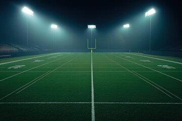 Naklejka premium Empty football field at night, illuminated by stadium lights. Foggy atmosphere