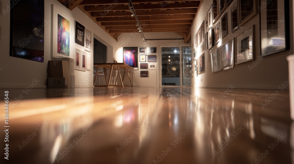 Poster empty art gallery interior with warm light and strong reflections on polished wooden floor showcasin