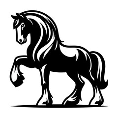 Dynamic Horse in Rearing Position for Poster Tattoo Art and Branding in Classic Engraved Vector Style with Flowing Hair
