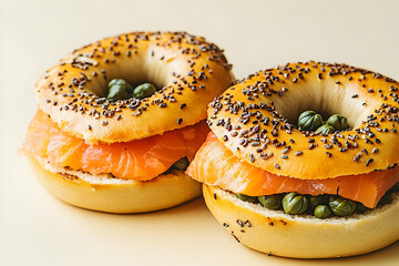 Two bagels with smoked salmon and capers.