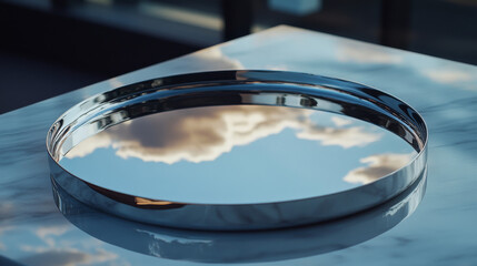 Mirror used as a tray reflecting the sky, set on a Carrara marble table at a rooftop bar.