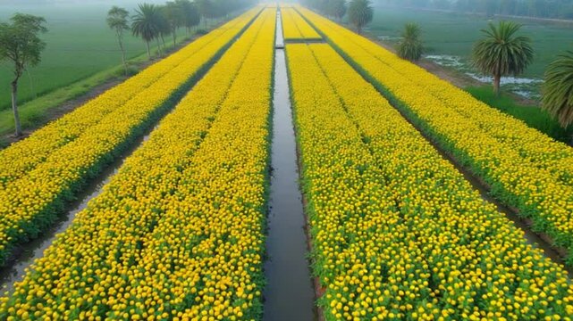 Aerial view of My Phong flower garden in My Tho, Vietnam. It's famous in Mekong Delta, preparing transport flowers to the market for sale in Tet holiday. The gardens are tourist destination