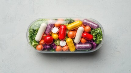Colorful Capsules and Fresh Vegetables in Transparent Container for Health and Wellness Concept