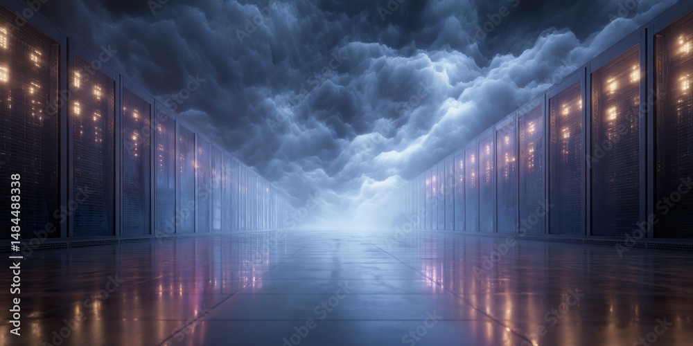 Poster Futuristic Data Center Servers Under Dramatic Cloudscape Sky, Illustrating Technology Infrastructure and Cloud Computing Innovation : Generative AI